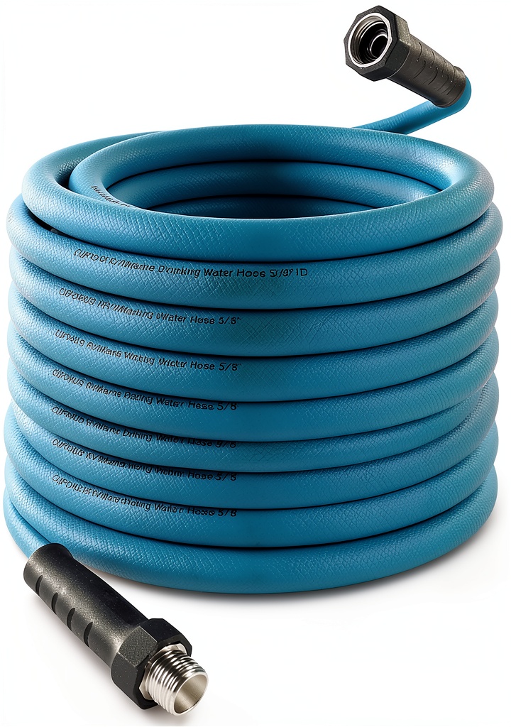 Blue RV hose being connected to a freshwater tank at a campsite