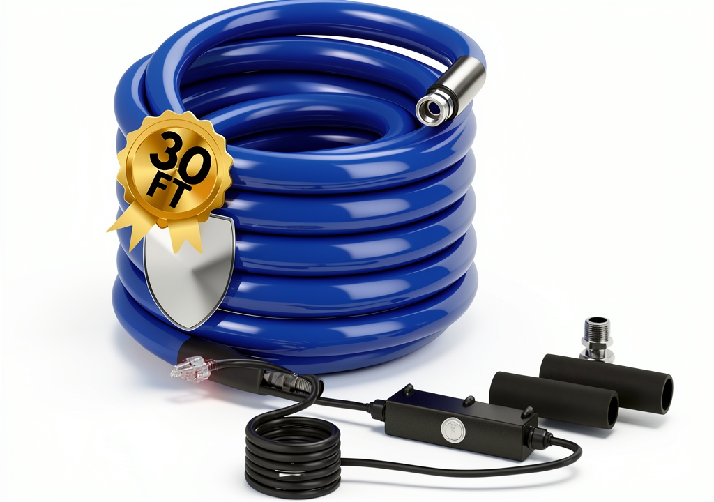 YOLENY heated water hose coiled on a campsite table