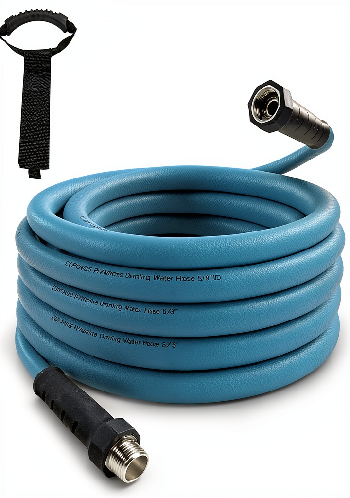 Cupohus blue RV water hose coiled on a campsite table