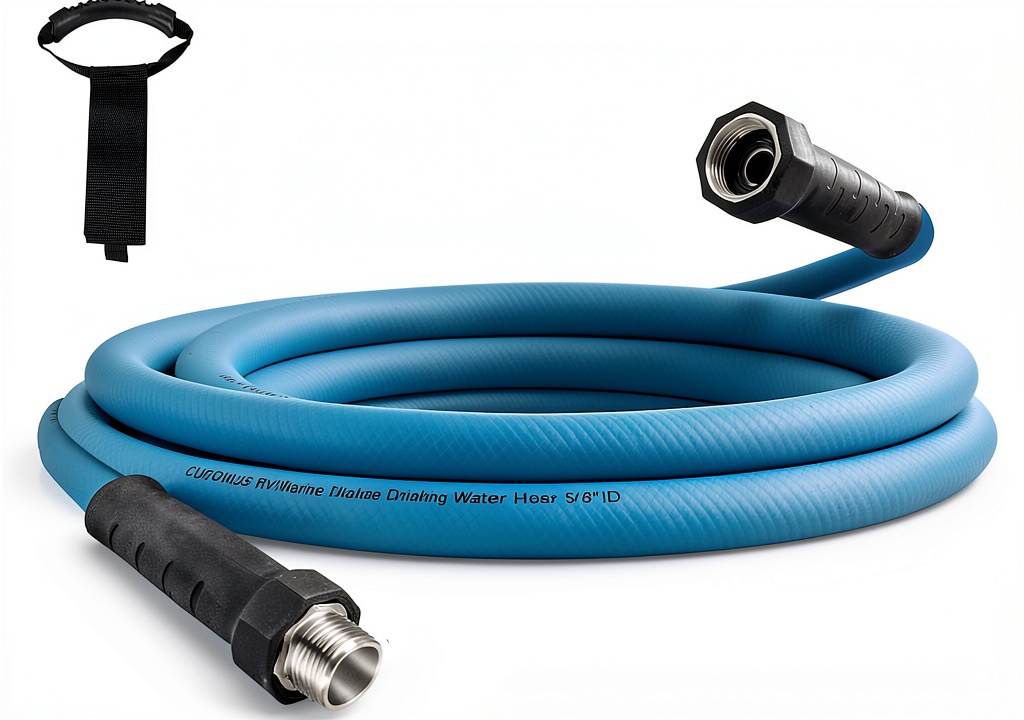 Blue Flexible RV Water Hose in use