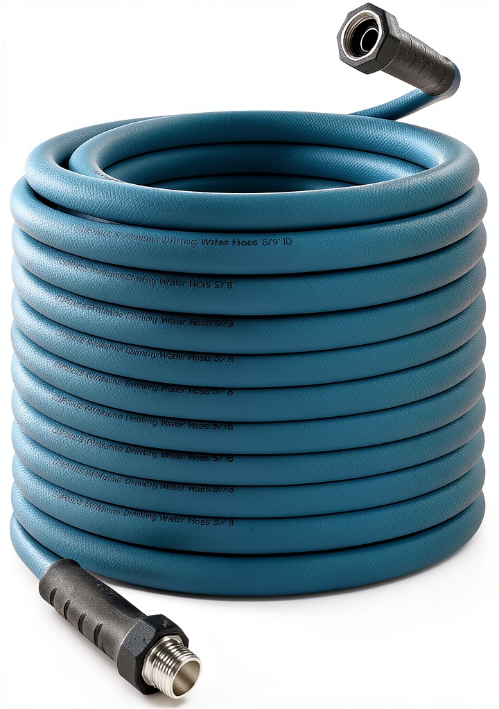 RV water hose being connected to a freshwater tank