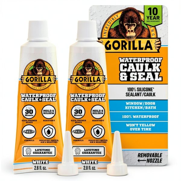 Gorilla 100% Silicone Caulk White 2.8oz Pack of 2 Waterproof Sealant-0