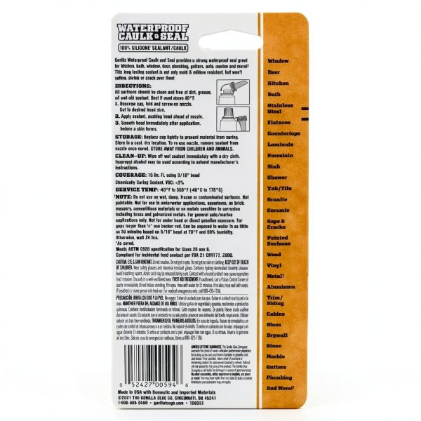 Gorilla 100% Silicone Caulk White 2.8oz Pack of 2 Waterproof Sealant-5